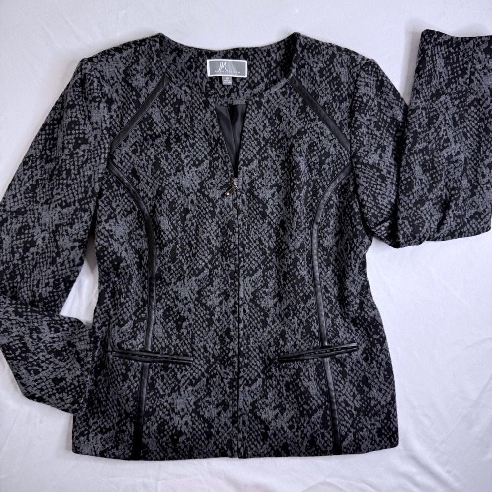 JM Collection Womens Grey Black Snakeskin Print Zip Front Jacket Faux Leather 10